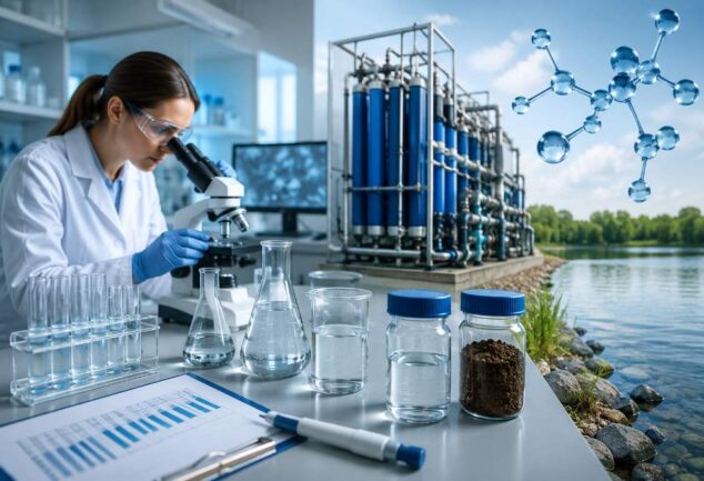 Scientist analysing PFAS water treatment samples in laboratory beside advanced water filtration and remediation system