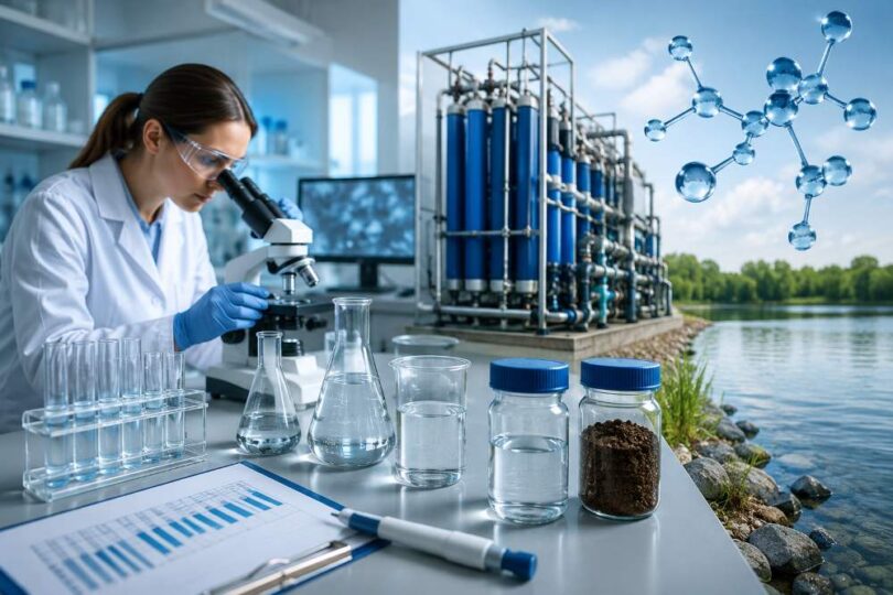 Scientist analysing PFAS water treatment samples in laboratory beside advanced water filtration and remediation system