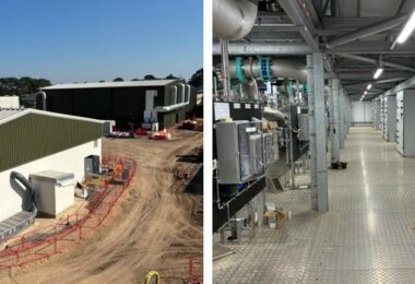 Industrial water treatment facility interior showing pipework and control panels in a modern water treatment plant