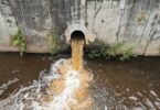 Storm overflow discharge releasing untreated wastewater into a river during a sewage pollution event.