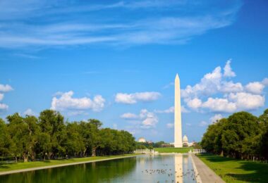 Washington DC skyline with the Washington Monument and Reflecting Pool representing major urban water infrastructure investment projects