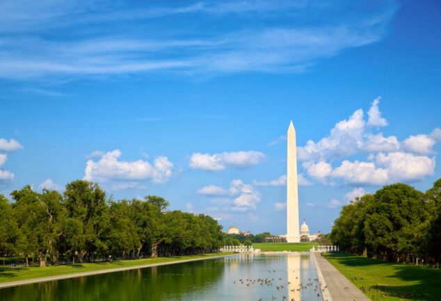 Washington DC skyline with the Washington Monument and Reflecting Pool representing major urban water infrastructure investment projects