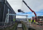 PicoStream floating hydropower turbine being installed at Scottish Water's Shieldhall Wastewater Treatment Works in Glasgow