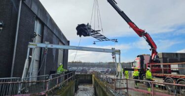 PicoStream floating hydropower turbine being installed at Scottish Water's Shieldhall Wastewater Treatment Works in Glasgow