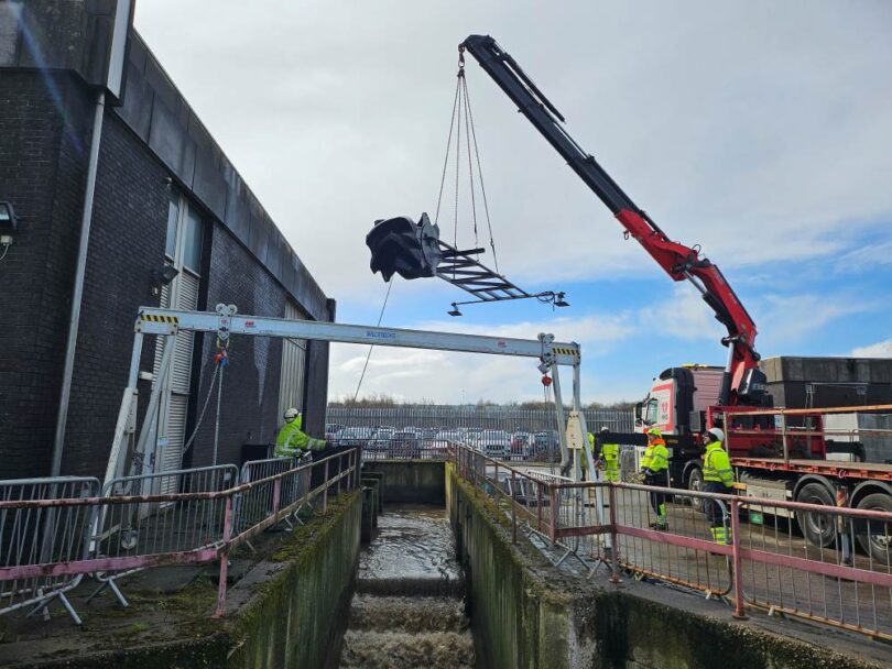 PicoStream floating hydropower turbine being installed at Scottish Water's Shieldhall Wastewater Treatment Works in Glasgow