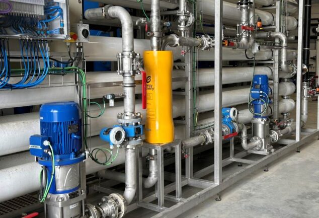 Reverse osmosis membrane racks at a large-scale seawater desalination plant, illustrating the technology behind the Harbor Island Desalination Facility in South Texas