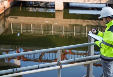Engineer inspecting water infrastructure at a treatment site