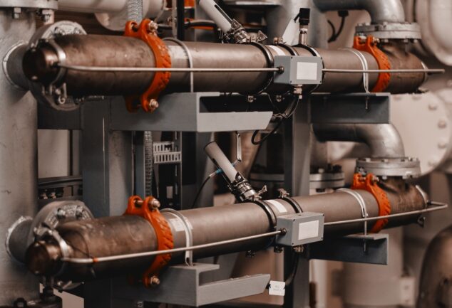 UV water disinfection reactor pipework inside a treatment plant