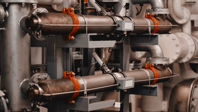 UV water disinfection reactor pipework inside a treatment plant