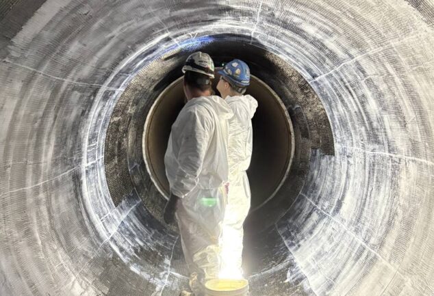 Technicians installing carbon fibre reinforced polymer liner inside Montr&eacute;al water transmission main rehabilitation project