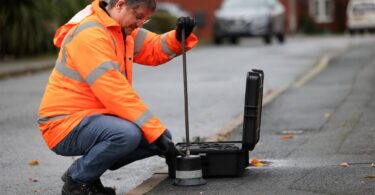 Ovarro technician using acoustic leak detection equipment to identify water network leakage in an urban street environment
