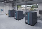Three Atlas Copco ZS 4 (VSD) oil-free screw blowers installed in a plant room at a wastewater treatment works