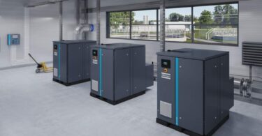 Three Atlas Copco ZS 4 (VSD) oil-free screw blowers installed in a plant room at a wastewater treatment works