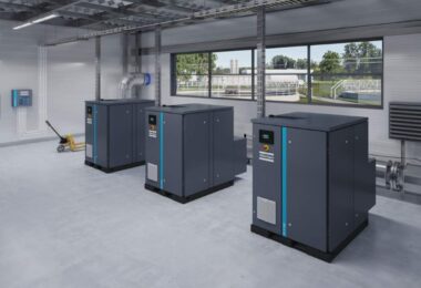 Three Atlas Copco ZS 4 (VSD) oil-free screw blowers installed in a plant room at a wastewater treatment works
