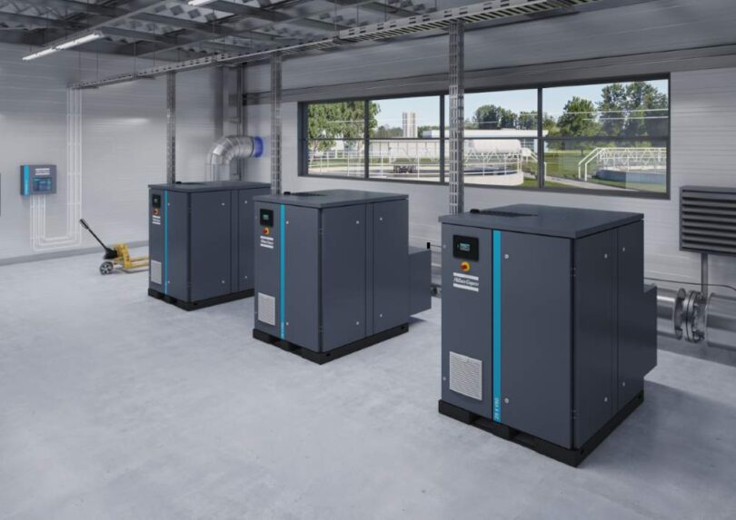 Three Atlas Copco ZS 4 (VSD) oil-free screw blowers installed in a plant room at a wastewater treatment works
