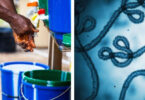 Split image showing handwashing at a hygiene station and a microscopic view of the Ebola virus during an infectious disease outbreak response