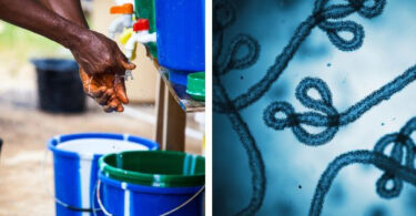 Split image showing handwashing at a hygiene station and a microscopic view of the Ebola virus during an infectious disease outbreak response