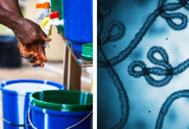Split image showing handwashing at a hygiene station and a microscopic view of the Ebola virus during an infectious disease outbreak response