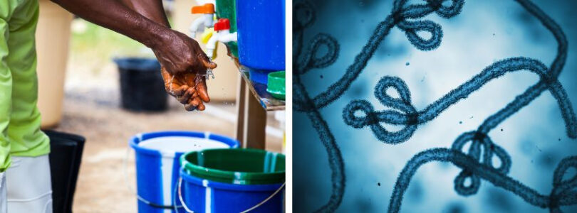 Split image showing handwashing at a hygiene station and a microscopic view of the Ebola virus during an infectious disease outbreak response