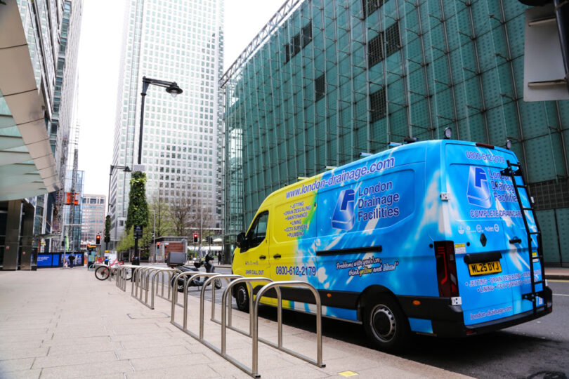 Drainage services vehicle operating in a commercial district as businesses face growing pressure from ageing sewer infrastructure.