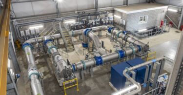 Interior of South East Water’s Butler Water Treatment Works in Aylesford with pipework and treatment equipment