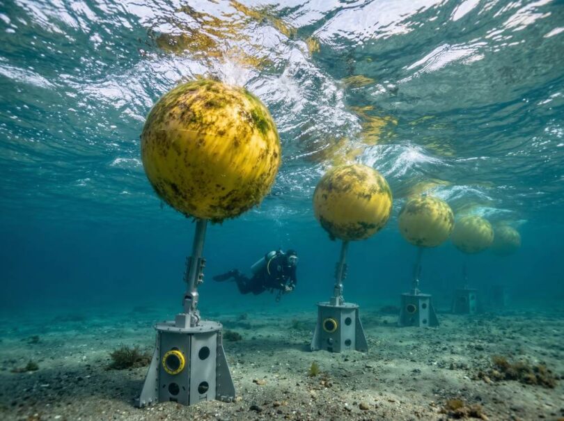 Exowave ExoMare wave-powered desalination system with offshore wave energy converters installed in shallow coastal waters
