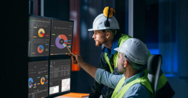 Engineers reviewing Ovation Curation Tool dashboards for power and water control systems