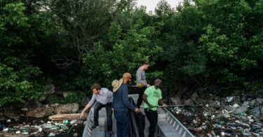 People inspecting a storm drain and polluted waterway as part of a smart watershed discussion