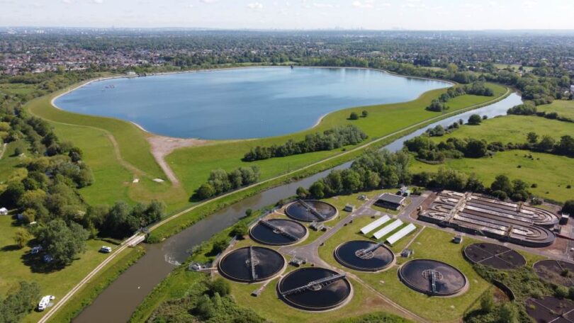 Aerial view of Esher Sewage Treatment Works and reservoir in the Thames Water region