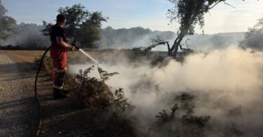 Firefighter spraying water on smoky ground after a wildfire during dry weather