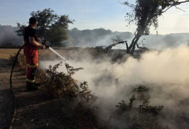 Firefighter spraying water on smoky ground after a wildfire during dry weather