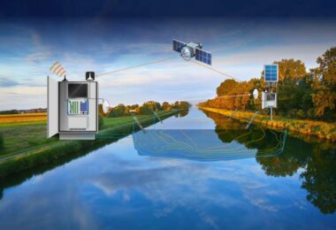 Schematic of a wireless transit-time river flow monitoring system using sensors and satellite communication