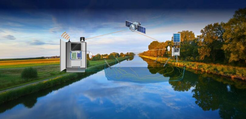 Schematic of a wireless transit-time river flow monitoring system using sensors and satellite communication