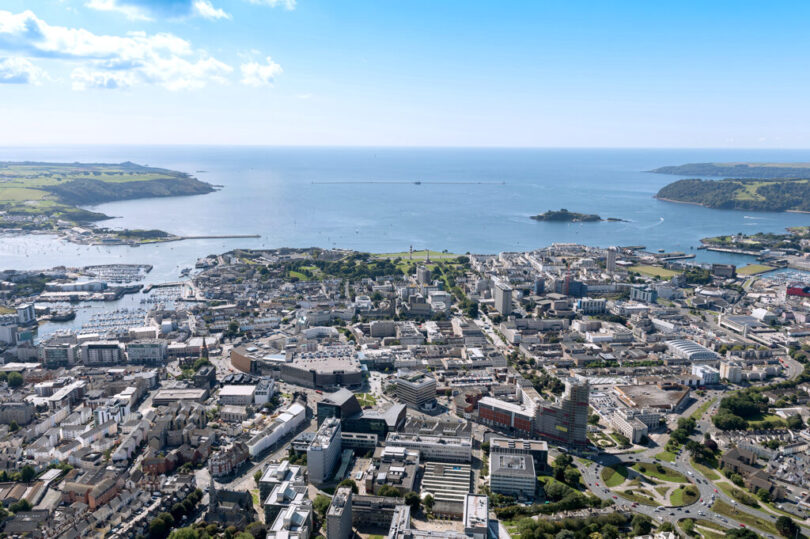 Aerial view of Plymouth Sound and the Devon coastline
