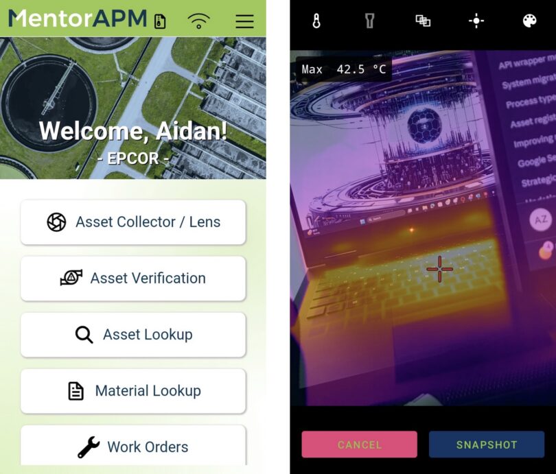 MentorAPM asset management interface alongside FLIR thermal inspection imaging