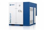 AERZEN Delta Hybrid direct-drive screw blower in a blue and white acoustic enclosure