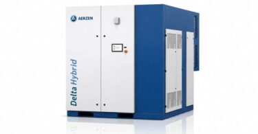 AERZEN Delta Hybrid direct-drive screw blower in a blue and white acoustic enclosure