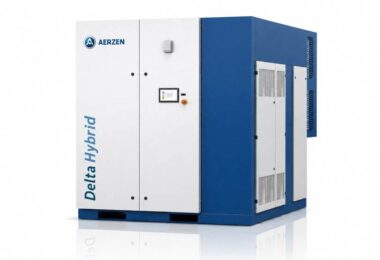 AERZEN Delta Hybrid direct-drive screw blower in a blue and white acoustic enclosure