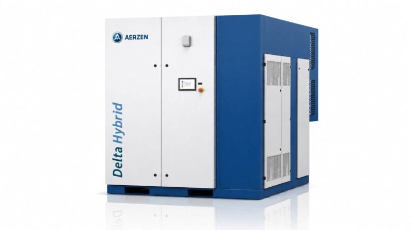 AERZEN Delta Hybrid direct-drive screw blower in a blue and white acoustic enclosure