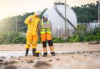 Industrial workers assessing water conditions near a processing facility