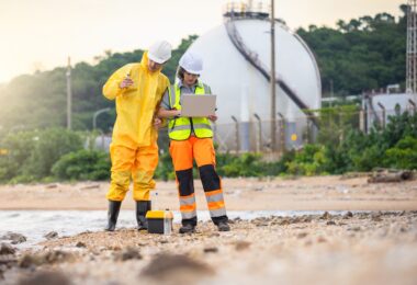 Industrial workers assessing water conditions near a processing facility