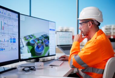 Water professional reviewing digital treatment plant data on multiple screens