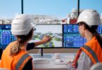 Water engineers reviewing digital treatment plant data