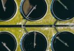 Aerial view of wastewater treatment tanks