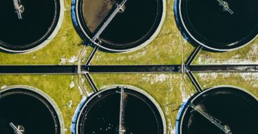Aerial view of wastewater treatment tanks