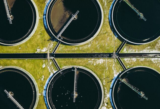 Aerial view of wastewater treatment tanks
