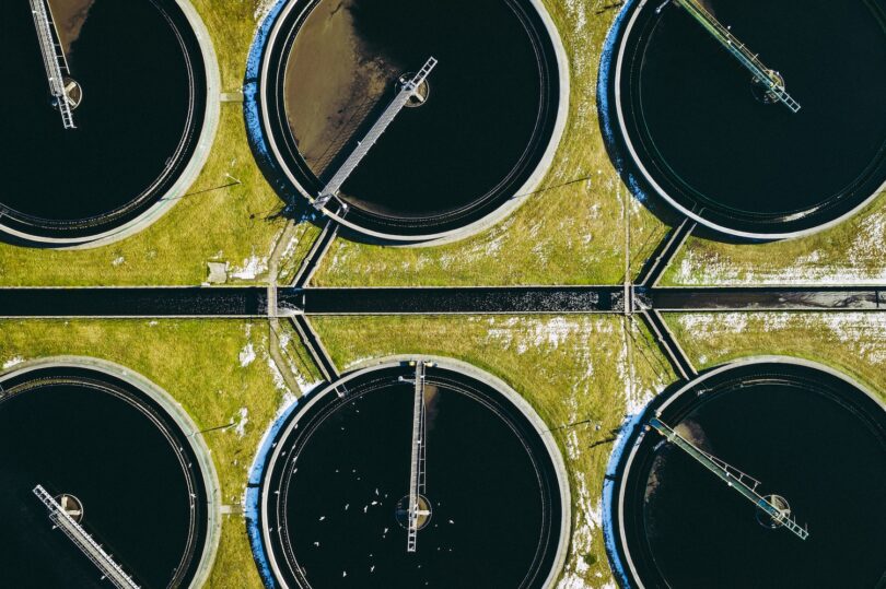 Aerial view of wastewater treatment tanks