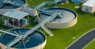 Aerial view of water treatment infrastructure