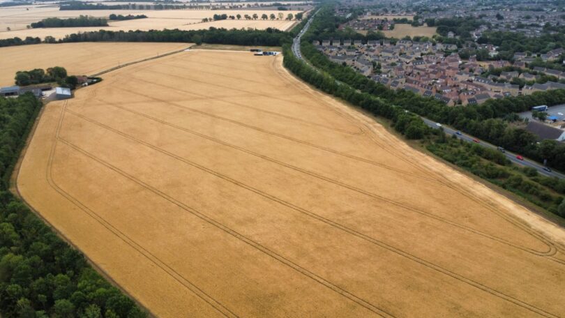 Aerial view of the planned wastewater pipeline route near Alconbury Weald