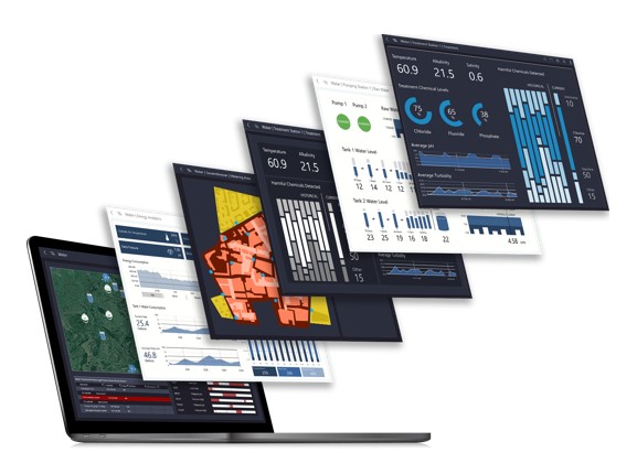 Water system visualisation dashboards displayed above a laptop